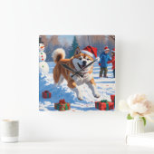 Akita Kerst Feestelijke Sneeuwscène Vierkante Klok (Huis)