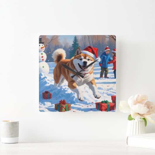 Akita Kerst Feestelijke Sneeuwscène Vierkante Klok (Huis)