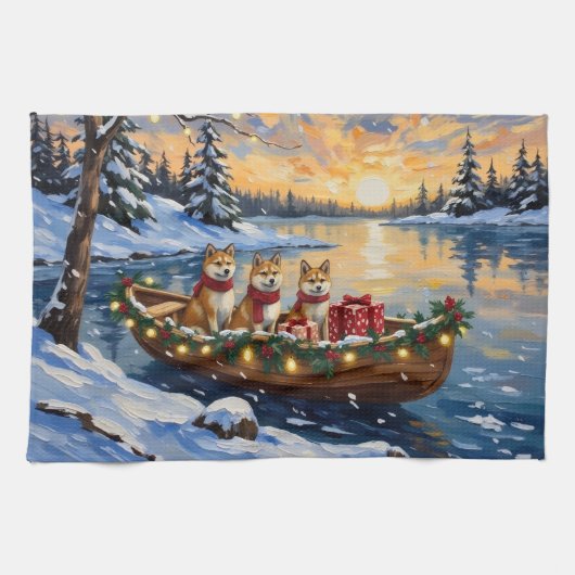 Akita Kerstboot Vakantie Theedoek (Horizontaal)