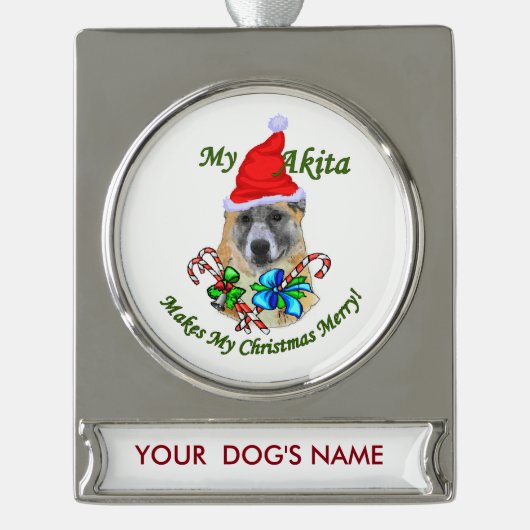 Akita kerstcadeaus gepersonaliseerd verzilverd banner ornament (Voorkant)