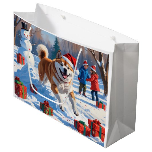 Akita Kerstfeest Sneeuwscène Groot Cadeauzakje (Voorkant Gekanteld)