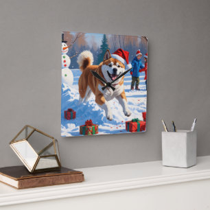 Akita Kerstfeest Sneeuwscène  Vierkante Klok