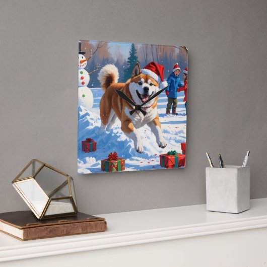 Akita Kerstfeest Sneeuwscène Vierkante Klok (Kantoor)