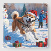 Akita Kerstfeest Sneeuwscène Vierkante Klok (Voorkant)