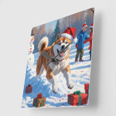 Akita Kerstfeest Sneeuwscène Vierkante Klok (Hoek)