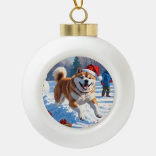Akita Kerstfest Sneeuwscène  Keramische Bal Ornament