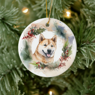Akita Kerstkrans feestelijke pup Keramisch Ornament