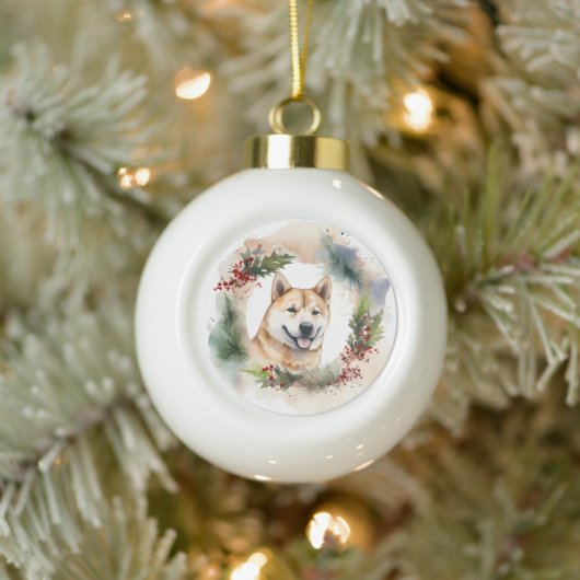 Akita Kerstkrans feestelijke pup Keramische Bal Ornament (Boom)