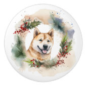 Akita Kerstkrans feestelijke pup Keramische Knop (Voorkant)