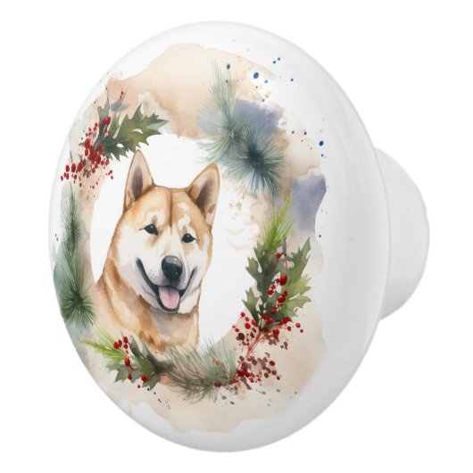 Akita Kerstkrans feestelijke pup Keramische Knop (Rechts)