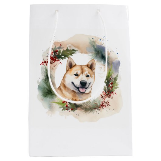 Akita Kerstkrans feestelijke pup Medium Cadeauzakje (Voorkant)