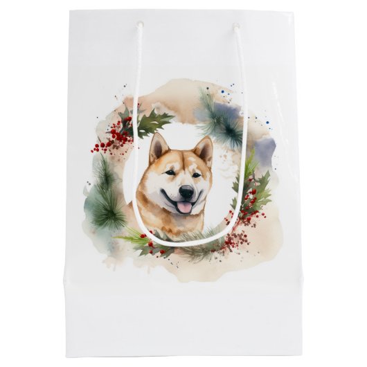 Akita Kerstkrans feestelijke pup Medium Cadeauzakje (Achterkant)