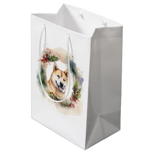 Akita Kerstkrans feestelijke pup Medium Cadeauzakje (Achterkant Gekanteld)