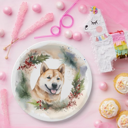 Akita Kerstkrans feestelijke pup Papieren Bordje (Feest)