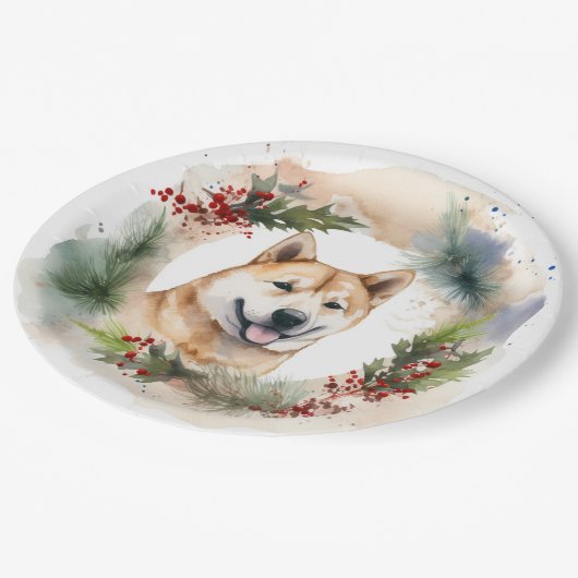 Akita Kerstkrans feestelijke pup Papieren Bordje (Gekanteld)