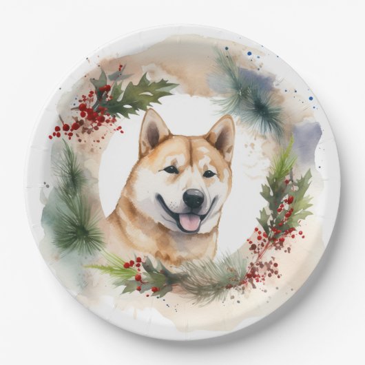 Akita Kerstkrans feestelijke pup Papieren Bordje (Voorkant)