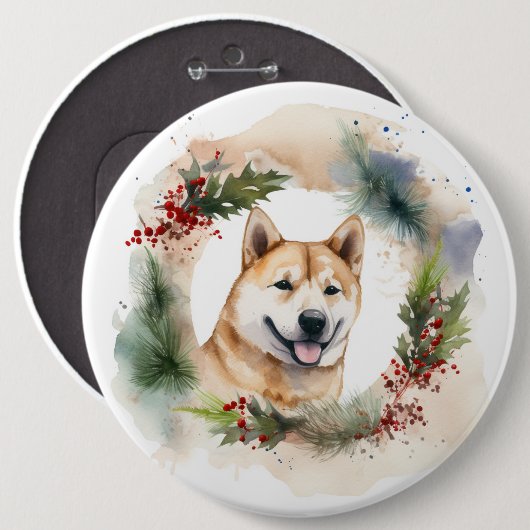 Akita Kerstkrans feestelijke pup Ronde Button 6,0 Cm (Voorkant /achterkant)