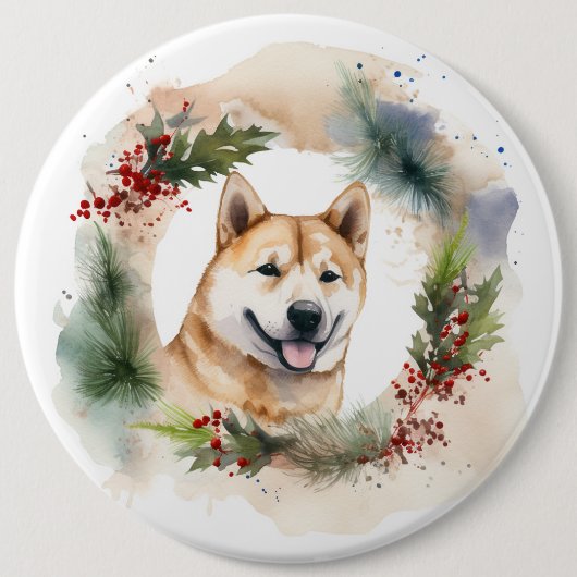 Akita Kerstkrans feestelijke pup Ronde Button 6,0 Cm (Voorkant)