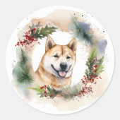 Akita Kerstkrans feestelijke pup Ronde Sticker (Voorkant)