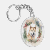 Akita Kerstkrans feestelijke pup Sleutelhanger (Voorkant Links)