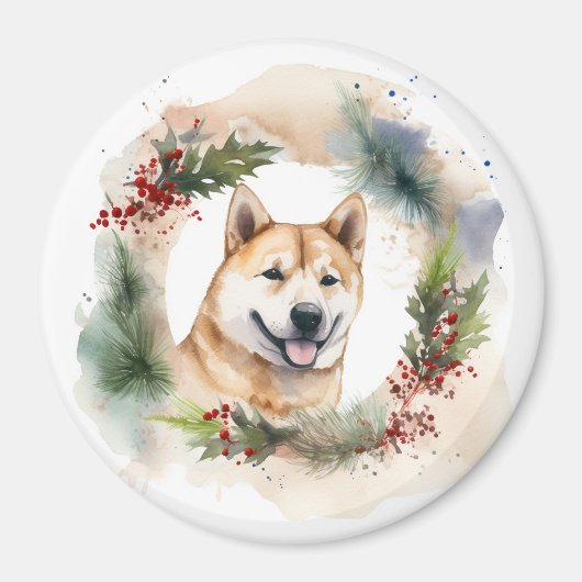 Akita Kerstkrans Festieve Pup Magneet (Voorkant)