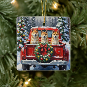 Akita Kerstmis Rode Truck Winter Keramisch Ornament