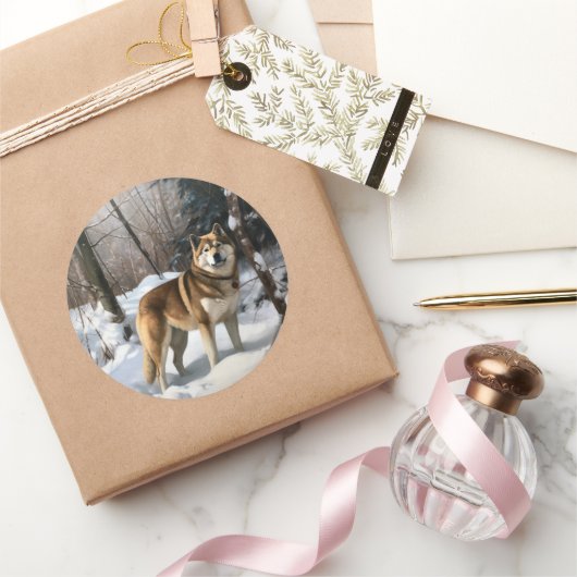 Akita Laat het sneeuwen Kerstmis Ronde Sticker (Geschenken)