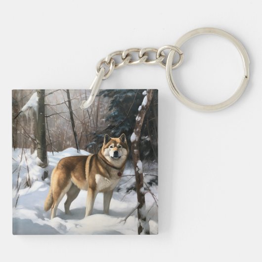 Akita Laat het sneeuwen Kerstmis Sleutelhanger (Achterkant)