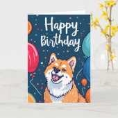 Akita met ballonnen Verjaardag Kaart (Gele Bloem)