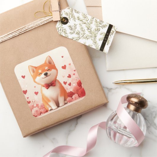 Akita met Rozen - Valentijnsdag Vierkante Sticker (Geschenken)