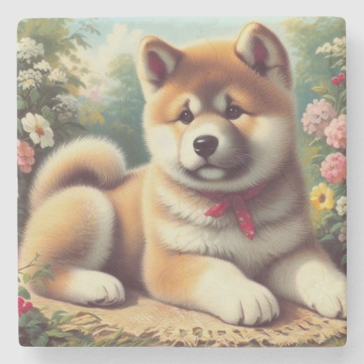  Akita olieverfschilderij Stenen Onderzetter (Voorkant)