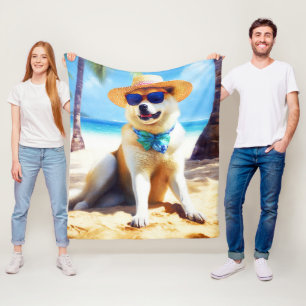 Akita op strand, zomercadeau voor hondenliefhebber fleece deken