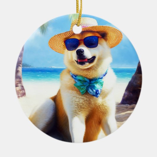 Akita op strand, zomercadeau voor hondenliefhebber keramisch ornament (Voorkant)