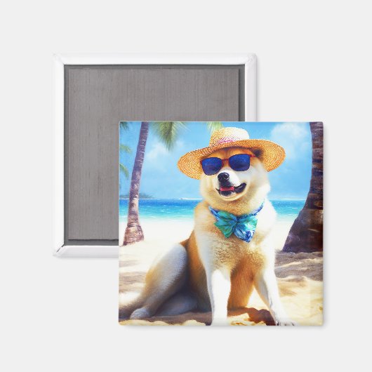 Akita op strand, zomercadeau voor hondenliefhebber magneet (Voorkant / Achterkant)