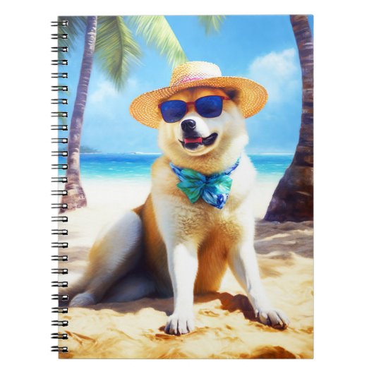 Akita op strand, zomercadeau voor hondenliefhebber notitieboek (Voorkant)