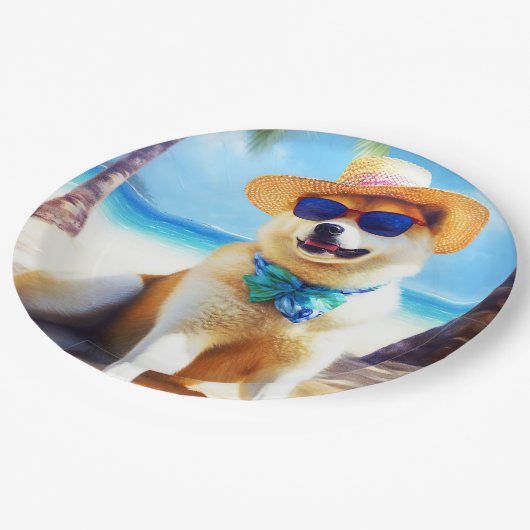 Akita op strand, zomercadeau voor hondenliefhebber papieren bordje (Gekanteld)