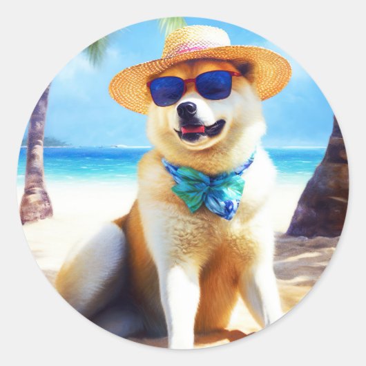 Akita op strand, zomercadeau voor hondenliefhebber ronde sticker (Voorkant)