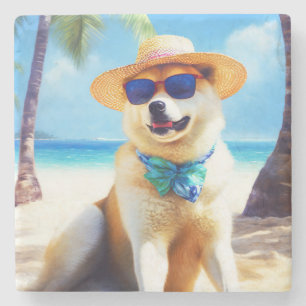 Akita op strand, zomercadeau voor hondenliefhebber stenen onderzetter