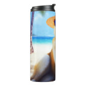 Akita op strand, zomercadeau voor hondenliefhebber thermosbeker (Gedraaid links)