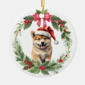 Akita Puppy Dog Red Bow Holly Krans Keramisch Ornament (Voorkant)