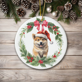 Akita Puppy Dog Red Bow Holly Krans Keramisch Ornament