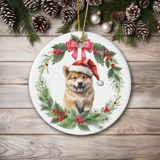 Akita Puppy Dog Red Bow Holly Krans Keramisch Ornament