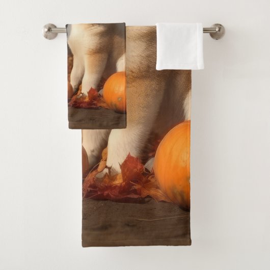 Akita Puppy Herfst Delight Pompoen Bad Handdoek (Insitu)
