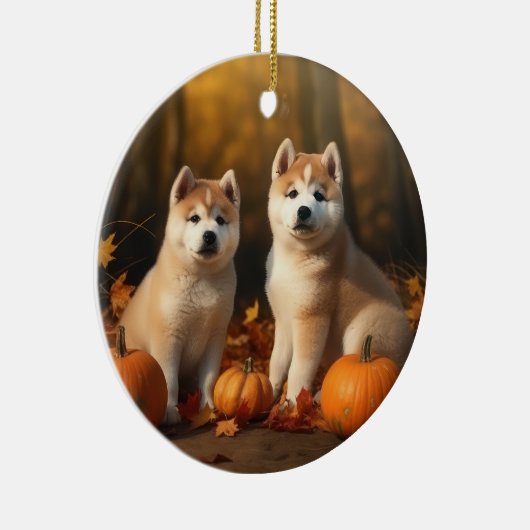 Akita Puppy Herfst Delight Pompoen Keramisch Ornament (Rechts)