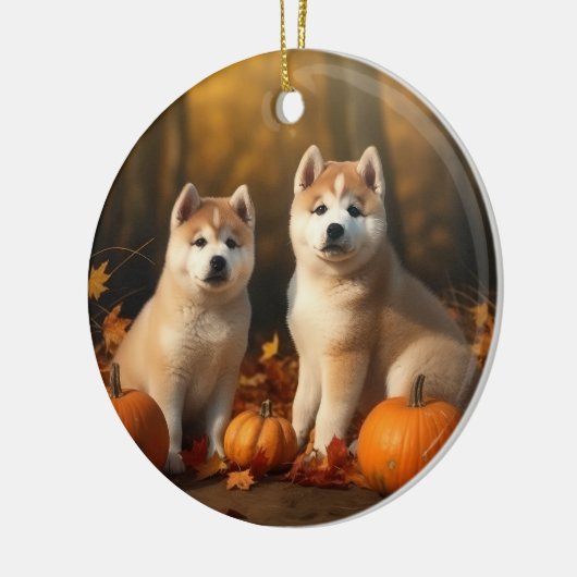 Akita Puppy Herfst Delight Pompoen Keramisch Ornament (Links)