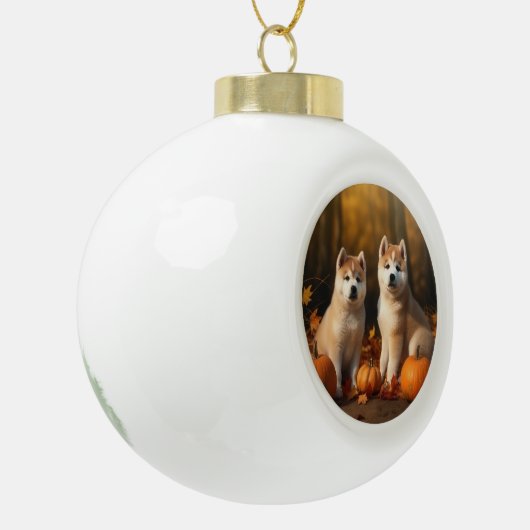 Akita Puppy Herfst Delight Pompoen Keramische Bal Ornament (Links)