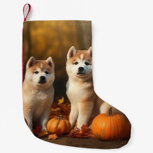 Akita Puppy Herfst Delight Pompoen Kleine Kerstsok (Voorkant)