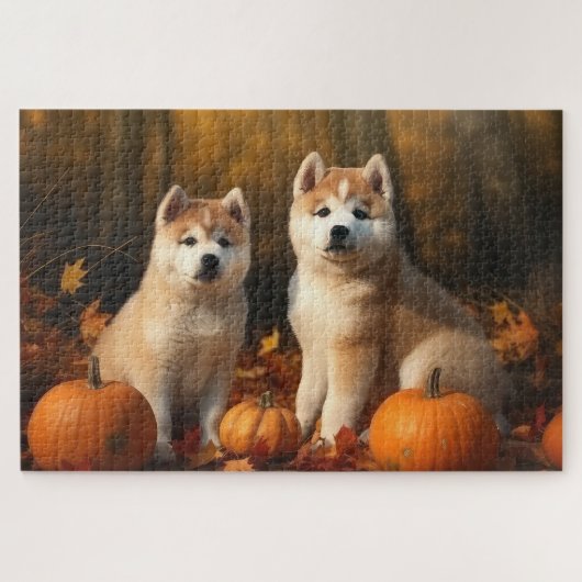 Akita Puppy Herfst Delight Pompoen Legpuzzel (Horizontaal)