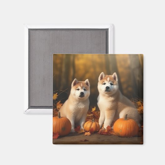 Akita Puppy Herfst Delight Pompoen Magneet (Voorkant / Achterkant)