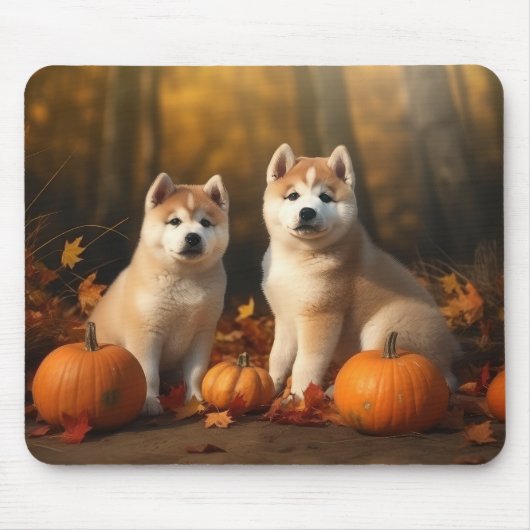 Akita Puppy Herfst Delight Pompoen Muismat (Voorkant)